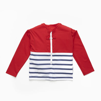Tee-shirt anti-noyade enfant Floatee, bas marinière et haut rouge, manches longues
